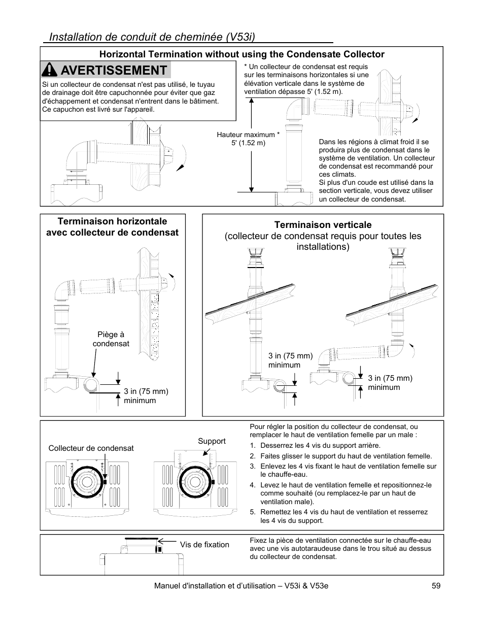 Avertissement, Installation de conduit de cheminée (v53i) | Rinnai V53I User Manual | Page 59 / 64