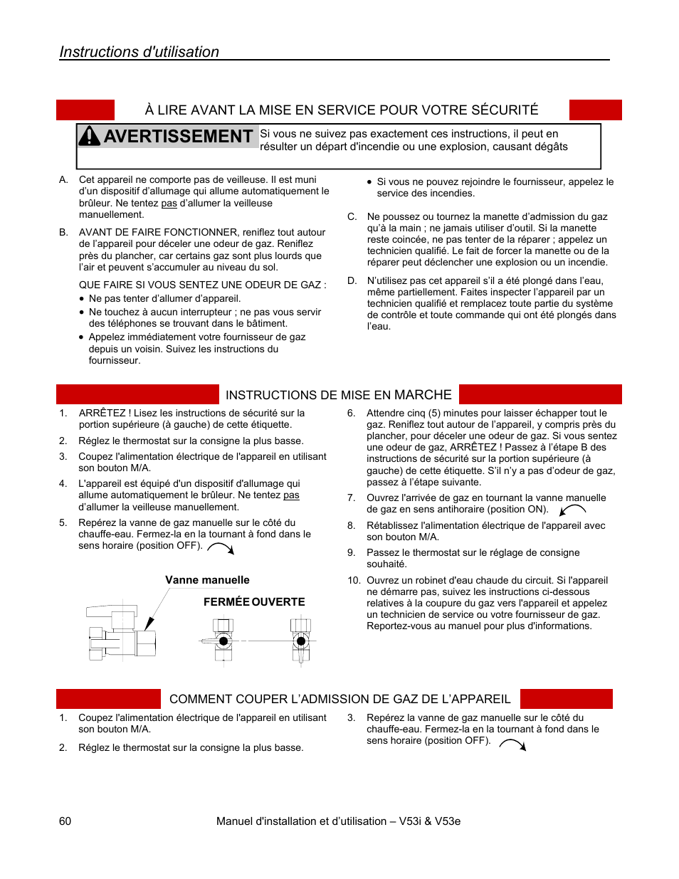 Avertissement, Instructions d'utilisation | Rinnai V53I User Manual | Page 60 / 64