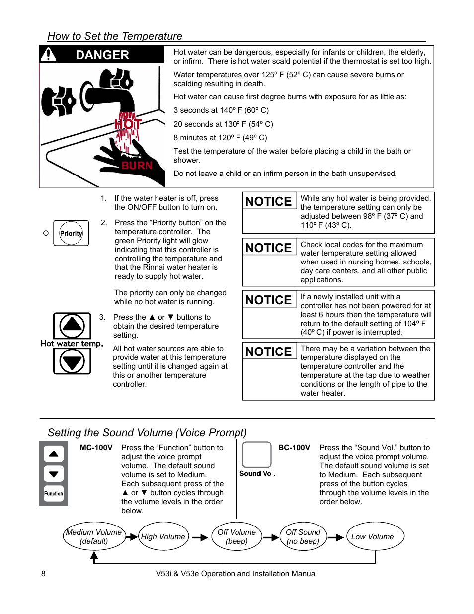 Notice danger, Notice, How to set the temperature | Setting the sound volume, Voice prompt) | Rinnai V53I User Manual | Page 8 / 64