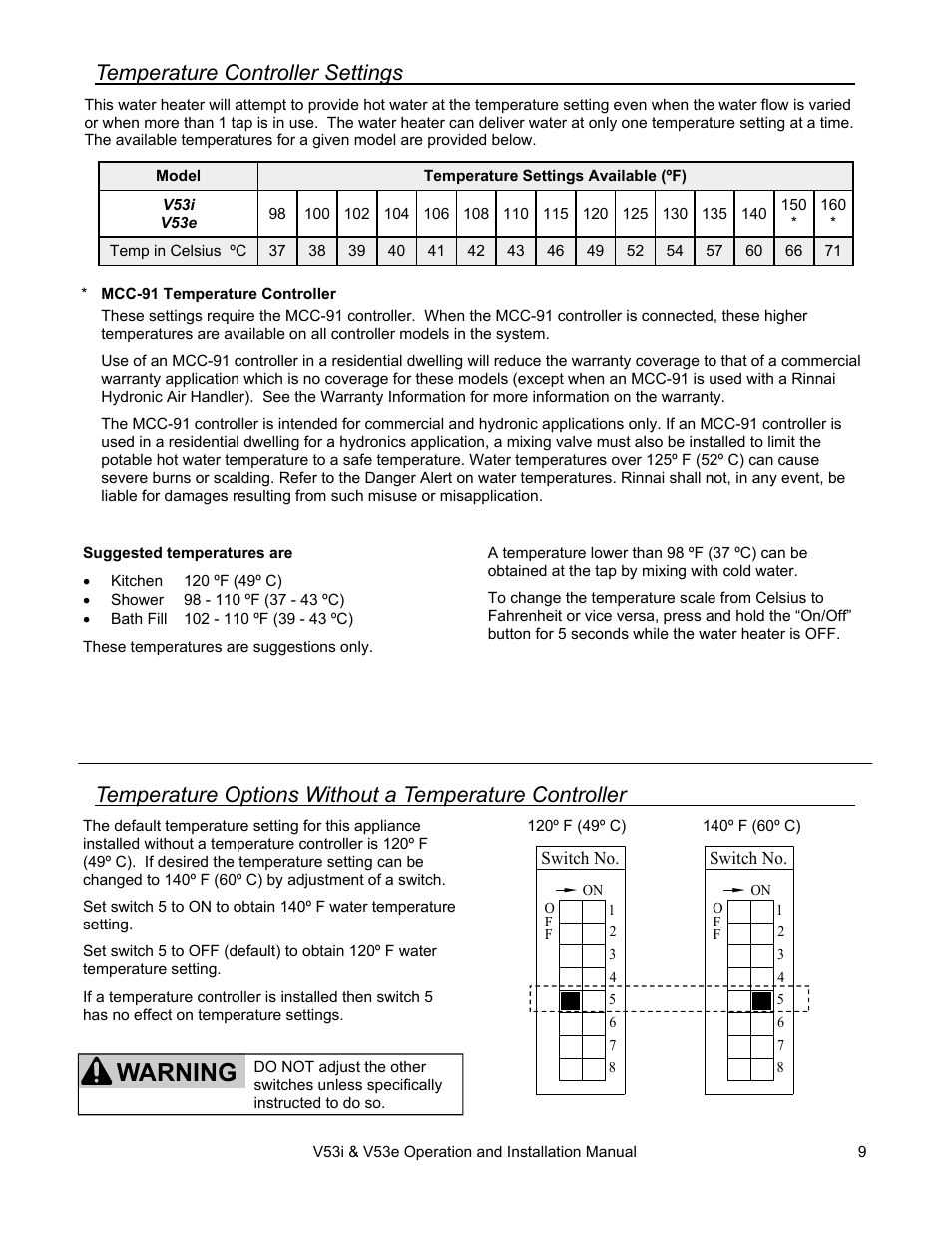 Warning, Temperature controller settings | Rinnai V53I User Manual | Page 9 / 64