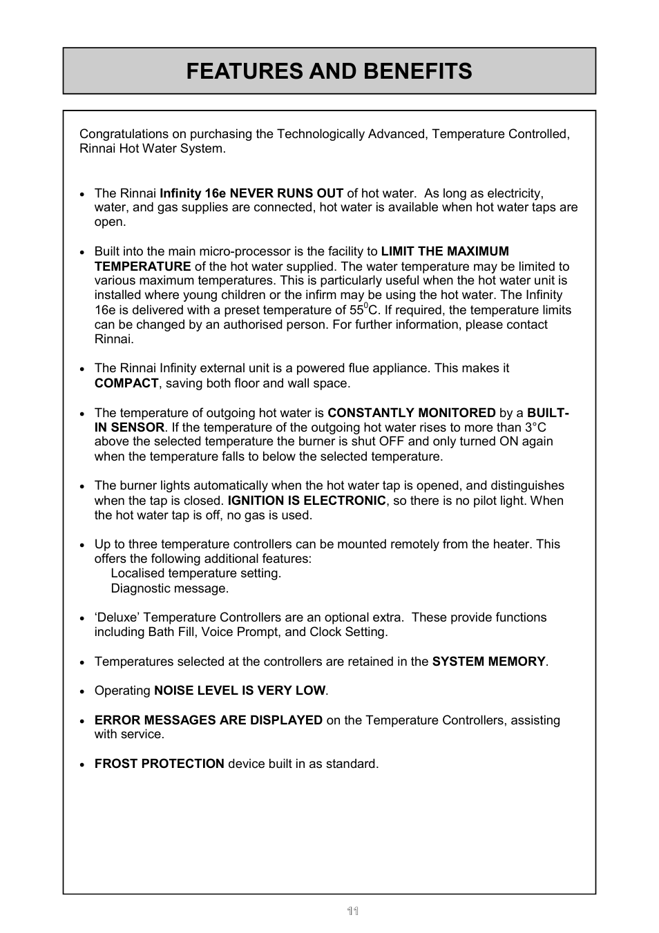 Features and benefits | Rinnai 16e User Manual | Page 11 / 36