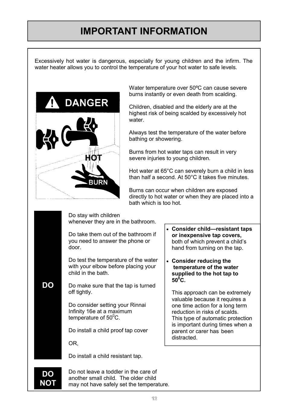Important information, Do not | Rinnai 16e User Manual | Page 12 / 36