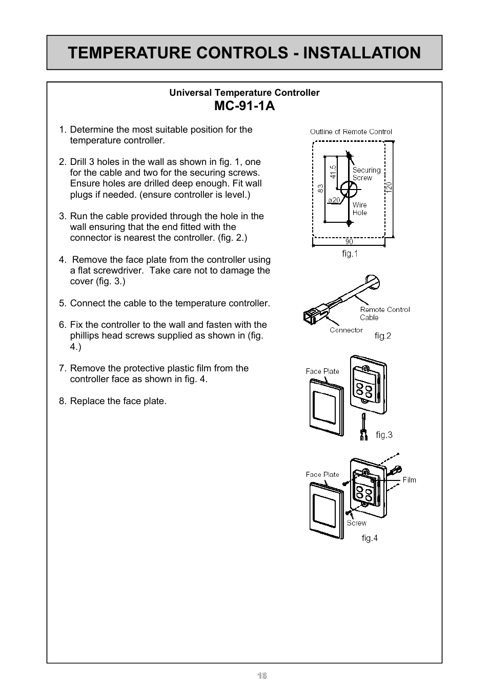 Temperature controls - installation, Mc-91-1a | Rinnai 16e User Manual | Page 16 / 36