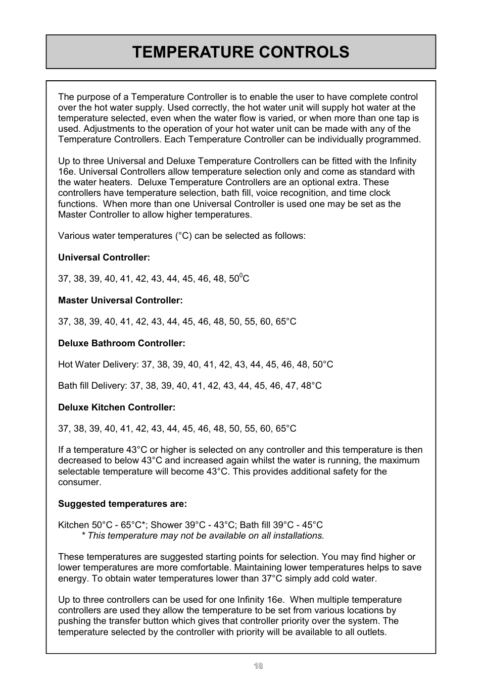 Temperature controls | Rinnai 16e User Manual | Page 18 / 36