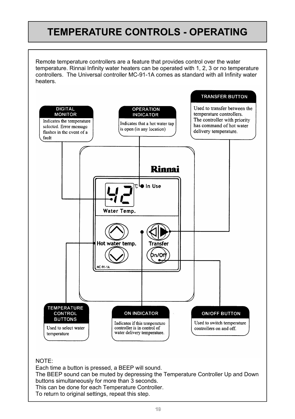 Temperature controls - operating | Rinnai 16e User Manual | Page 19 / 36