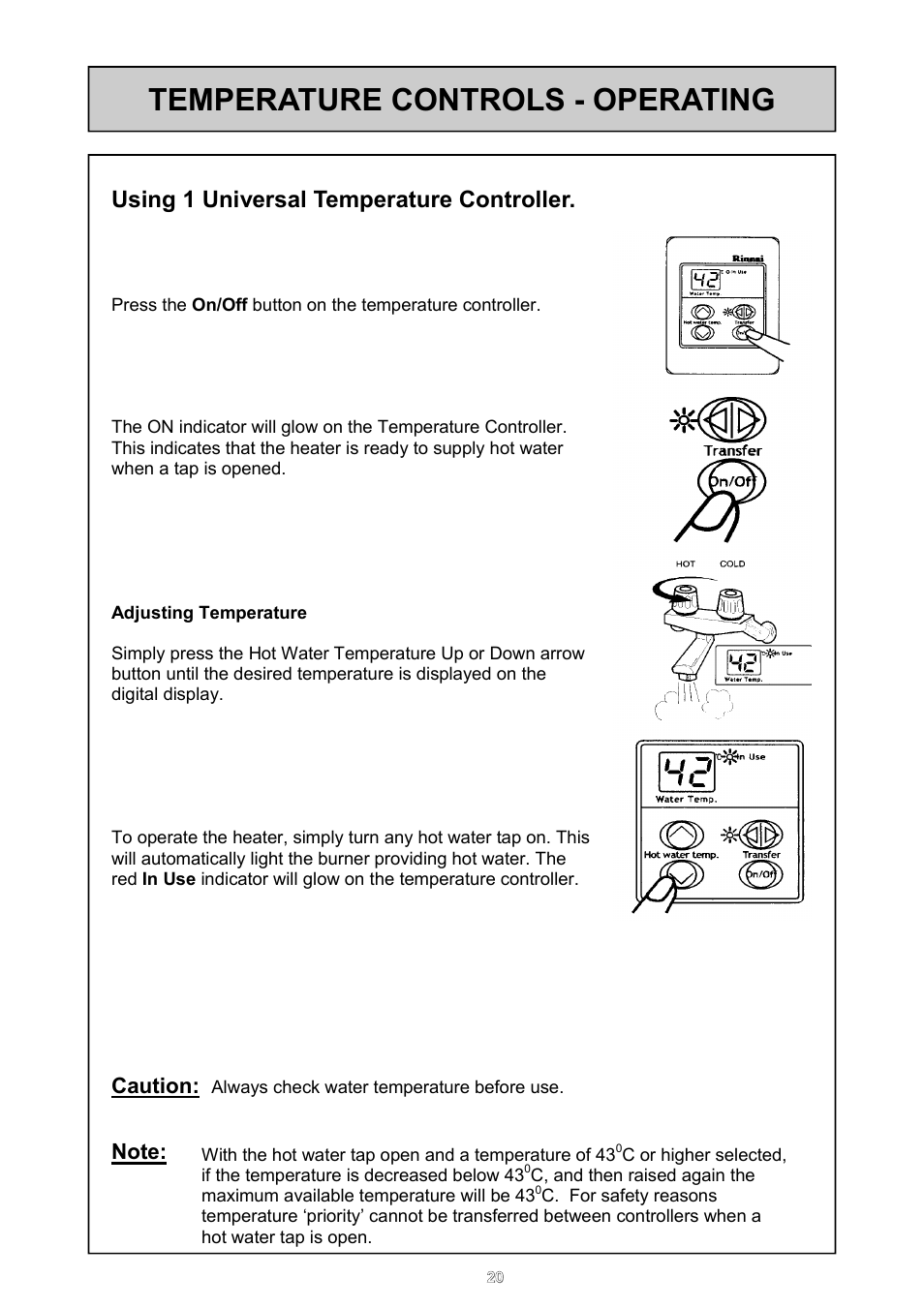 Temperature controls - operating, Using 1 universal temperature controller, Caution | Rinnai 16e User Manual | Page 20 / 36