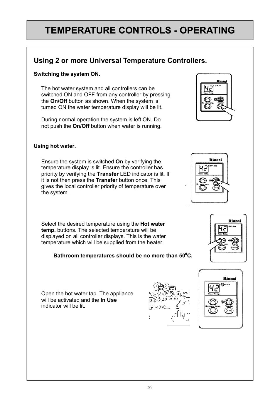 Temperature controls - operating, Using 2 or more universal temperature controllers | Rinnai 16e User Manual | Page 21 / 36