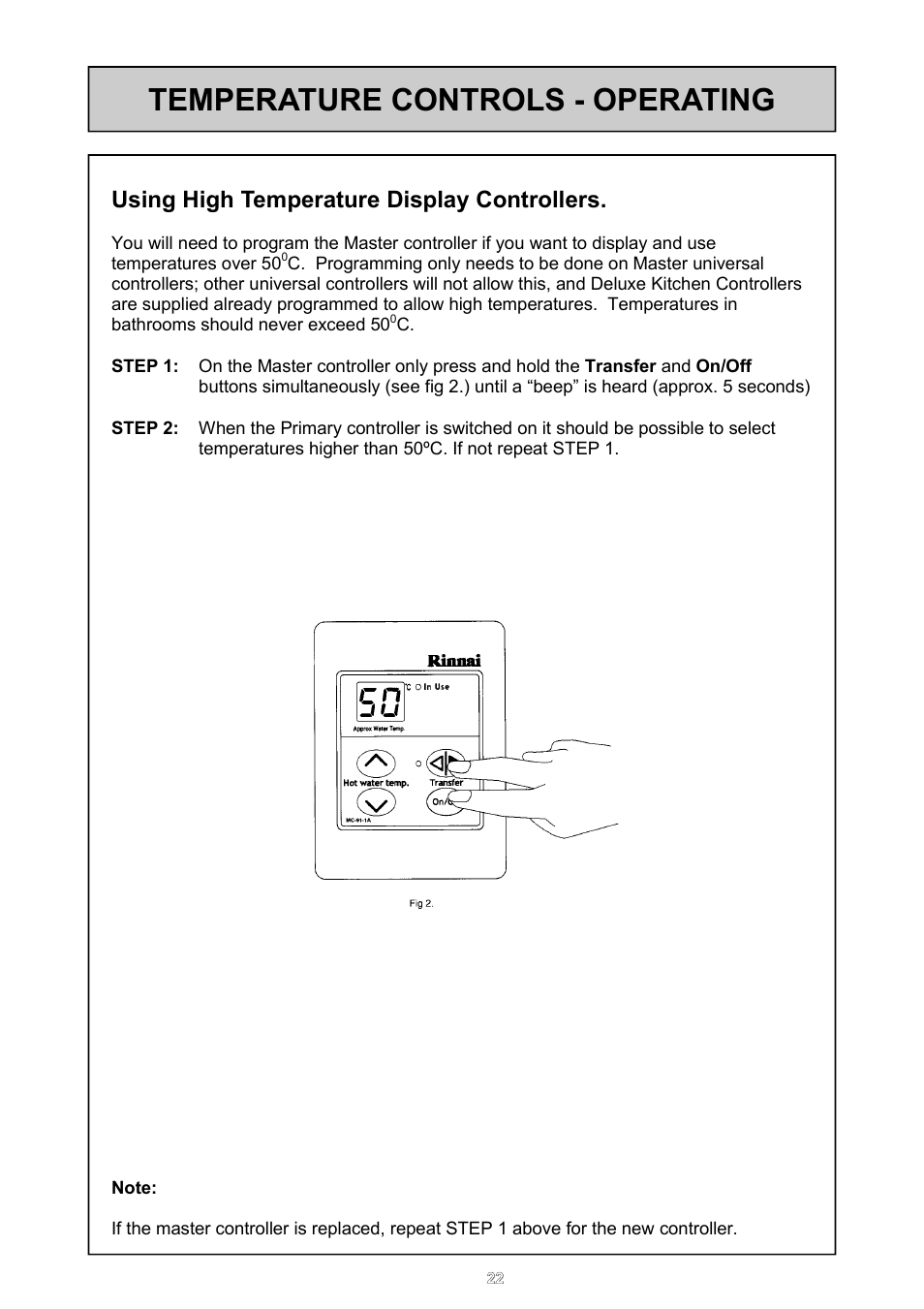 Temperature controls - operating, Using high temperature display controllers | Rinnai 16e User Manual | Page 22 / 36