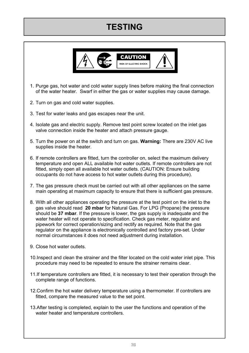 Testing | Rinnai 16e User Manual | Page 25 / 36