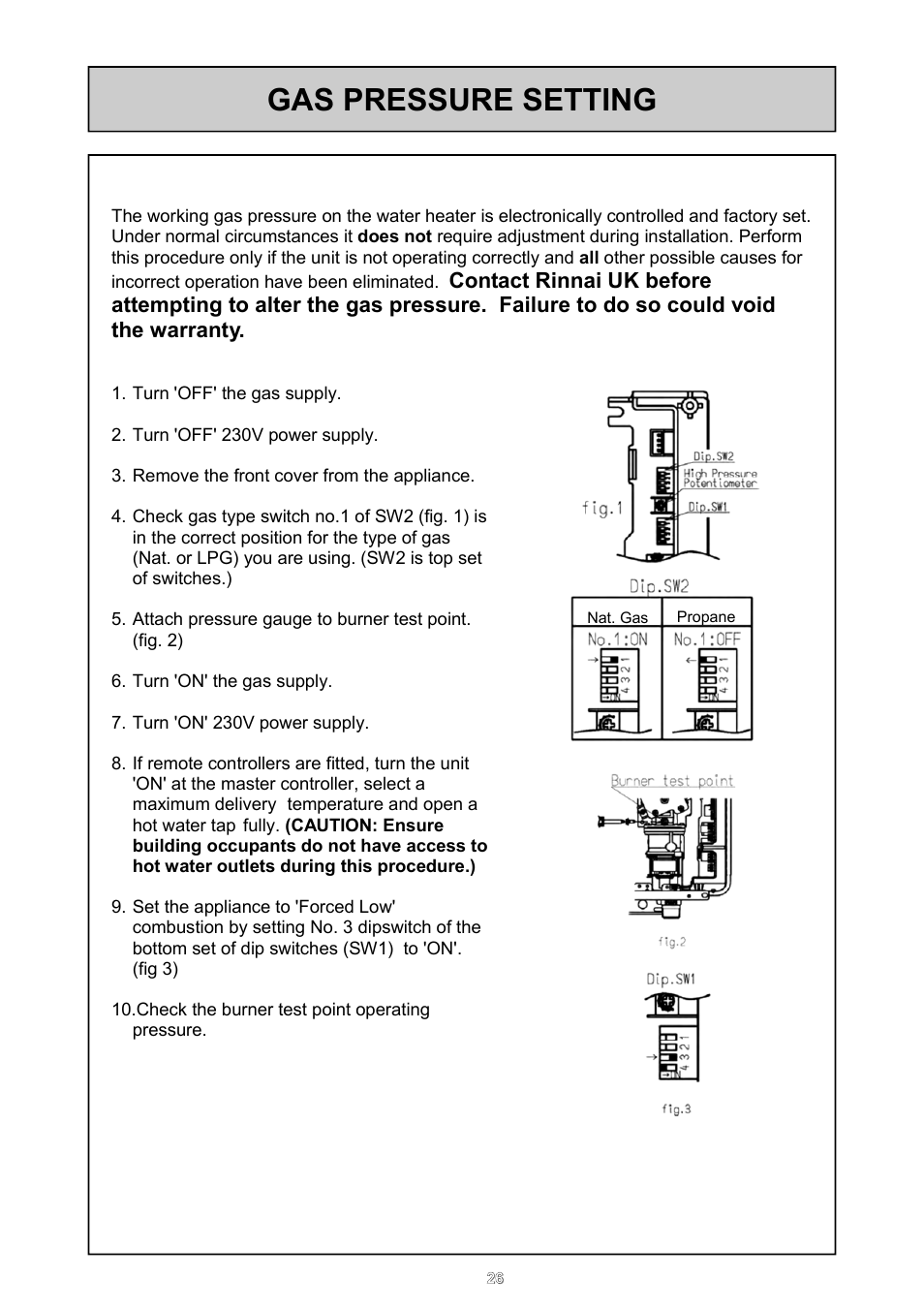 Gas pressure setting | Rinnai 16e User Manual | Page 26 / 36