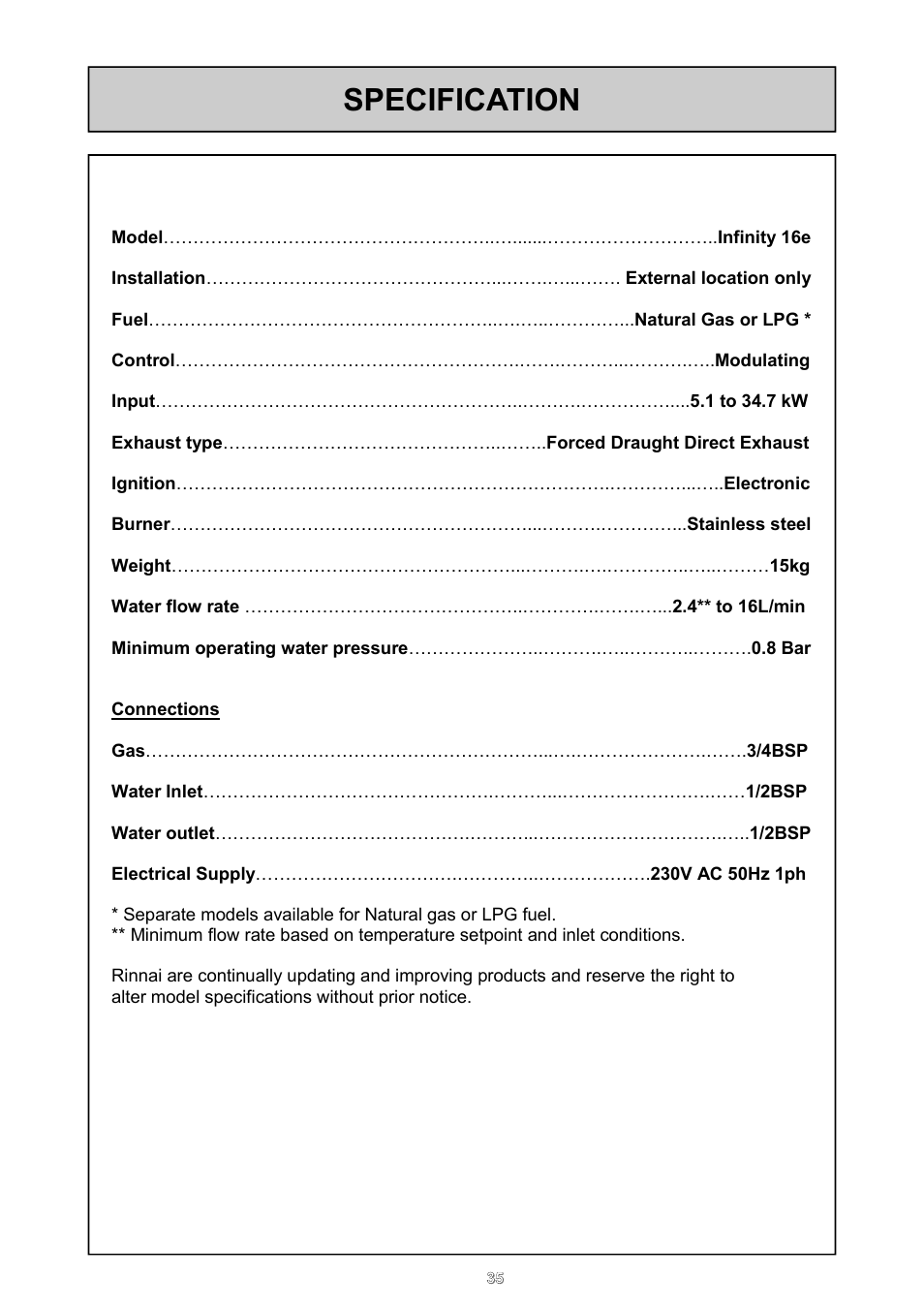 Specification | Rinnai 16e User Manual | Page 35 / 36