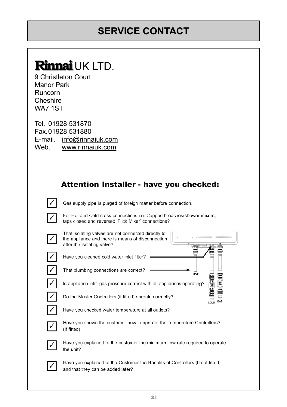 Rinnai, Uk ltd, Service contact | Rinnai 16e User Manual | Page 36 / 36