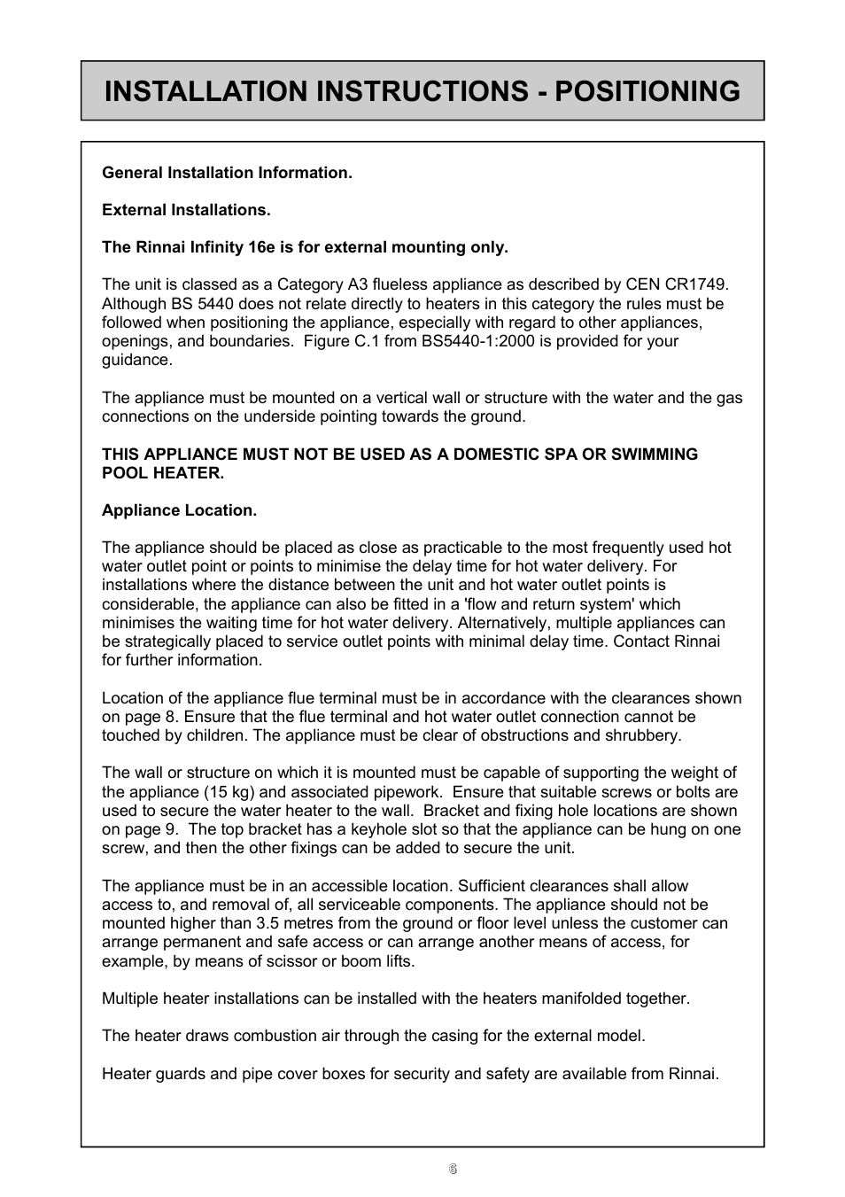 Installation instructions - positioning | Rinnai 16e User Manual | Page 6 / 36