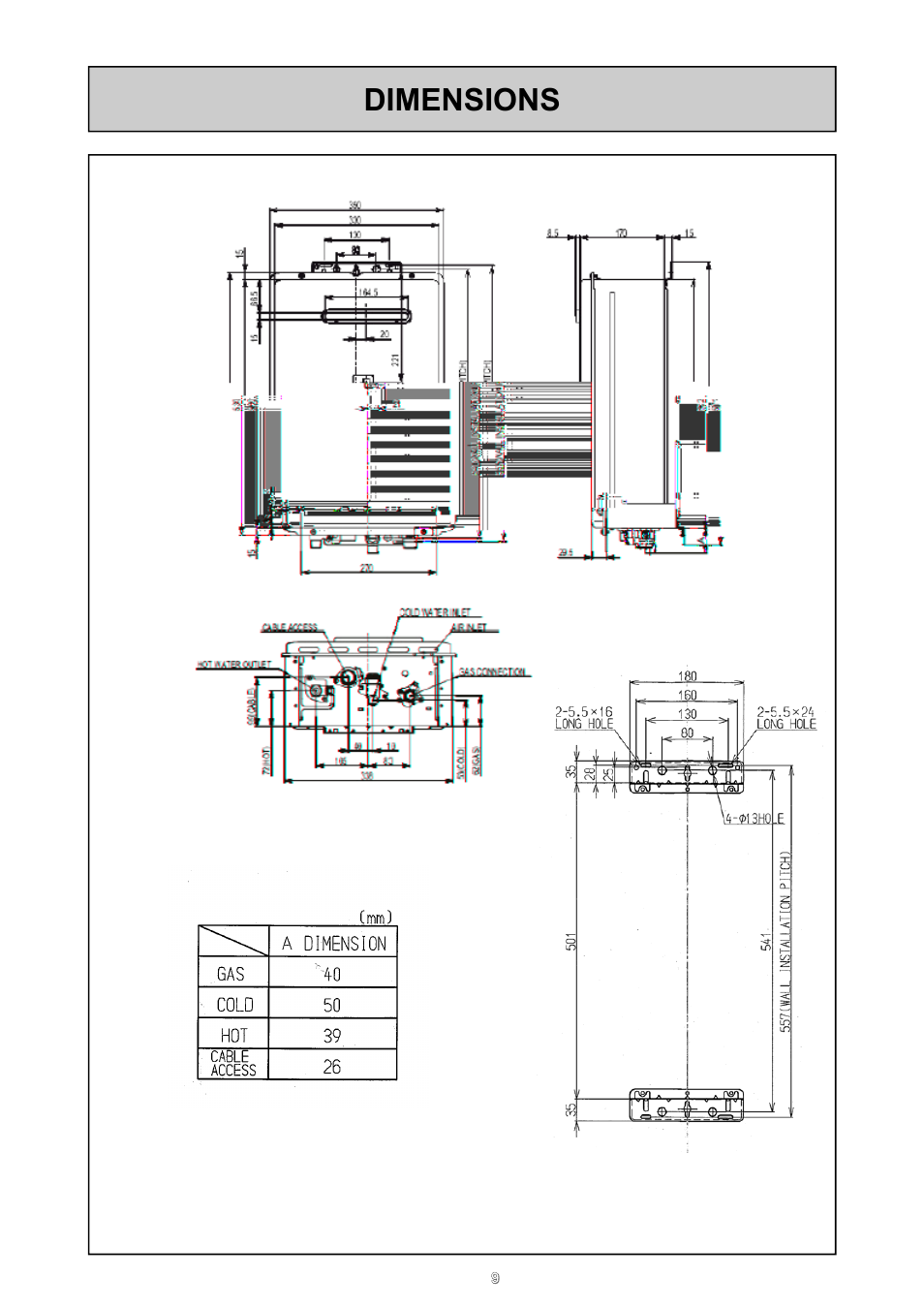 Dimensions | Rinnai 16e User Manual | Page 9 / 36
