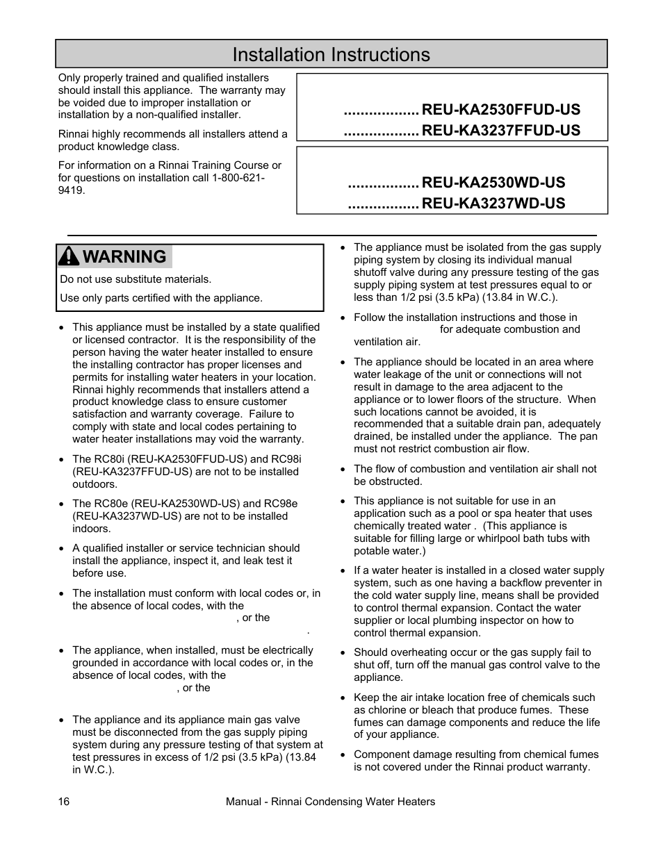 Installation instructions, Warning | Rinnai RC98I User Manual | Page 16 / 64