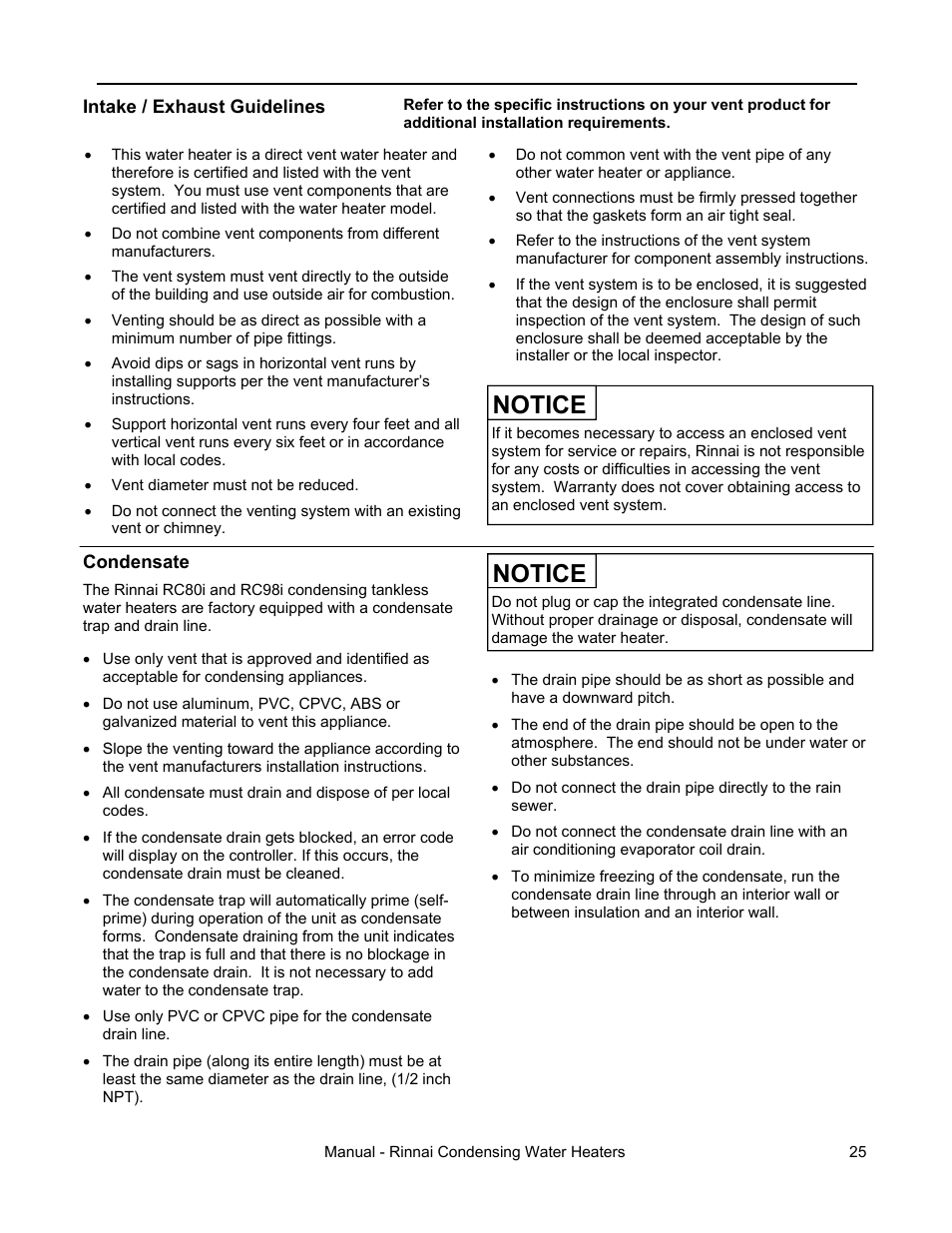 Notice, Venting instructions | Rinnai RC98I User Manual | Page 25 / 64