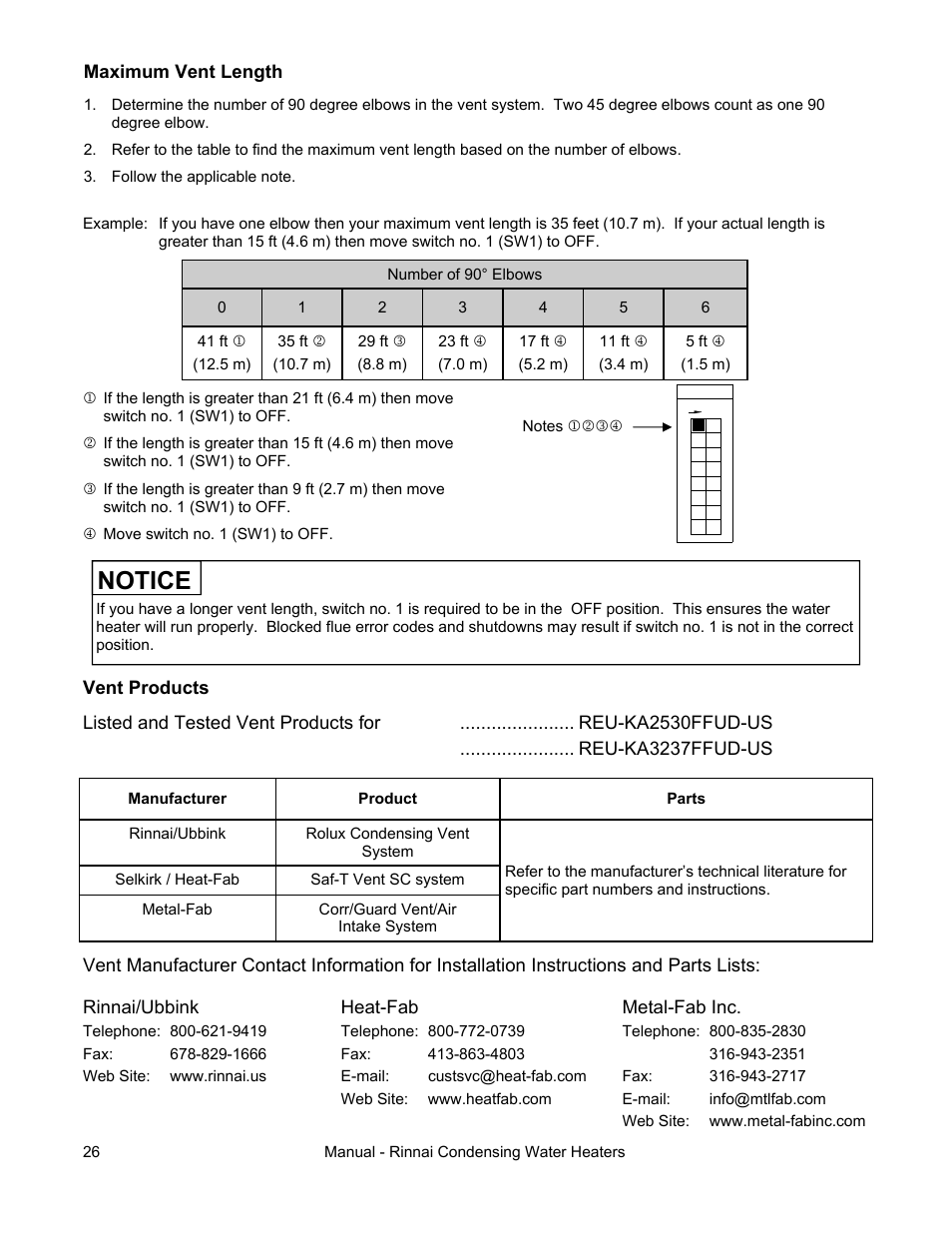 Notice, Maximum vent length, Rinnai/ubbink | Metal-fab inc | Rinnai RC98I User Manual | Page 26 / 64