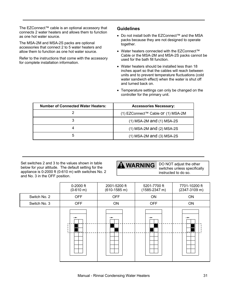 Warning, High altitude installations, Connecting multiple water heaters | Rinnai RC98I User Manual | Page 31 / 64