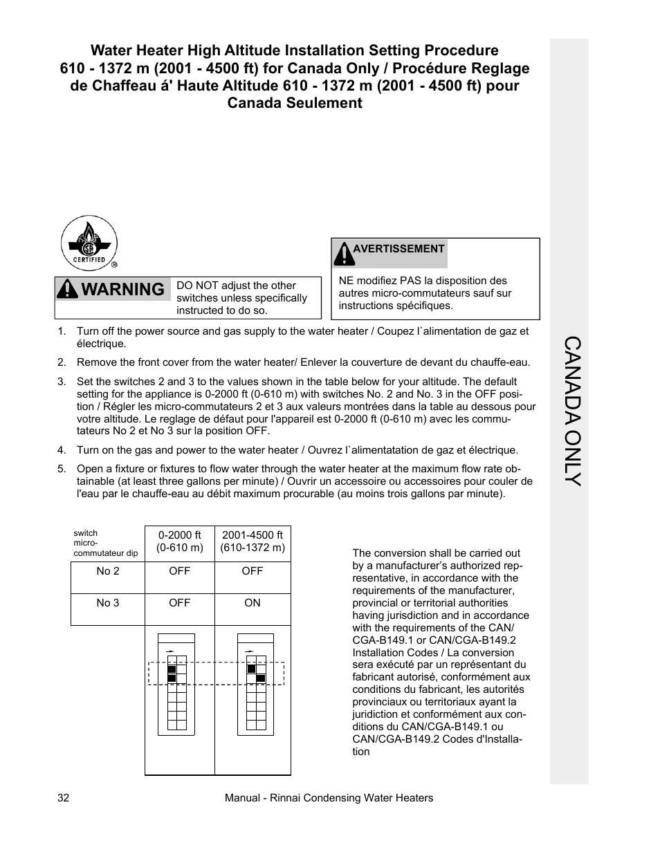 Canada onl y, Warning | Rinnai RC98I User Manual | Page 32 / 64