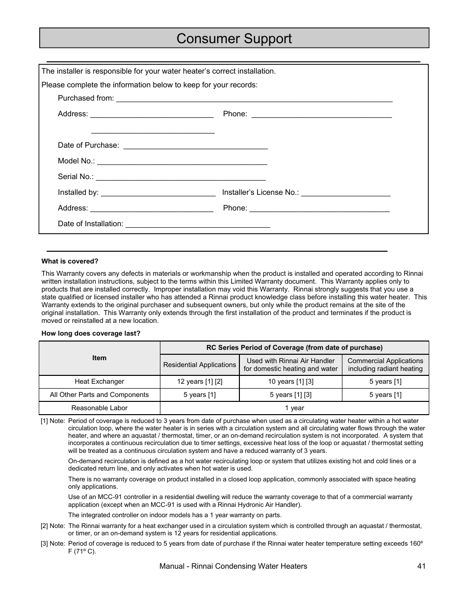 Consumer support | Rinnai RC98I User Manual | Page 41 / 64