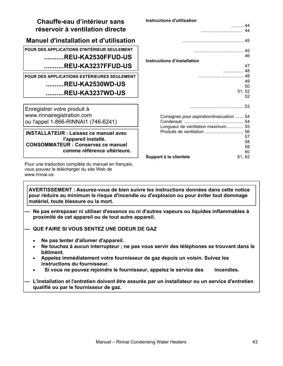 Manuel d'installation et d'utilisation | Rinnai RC98I User Manual | Page 43 / 64