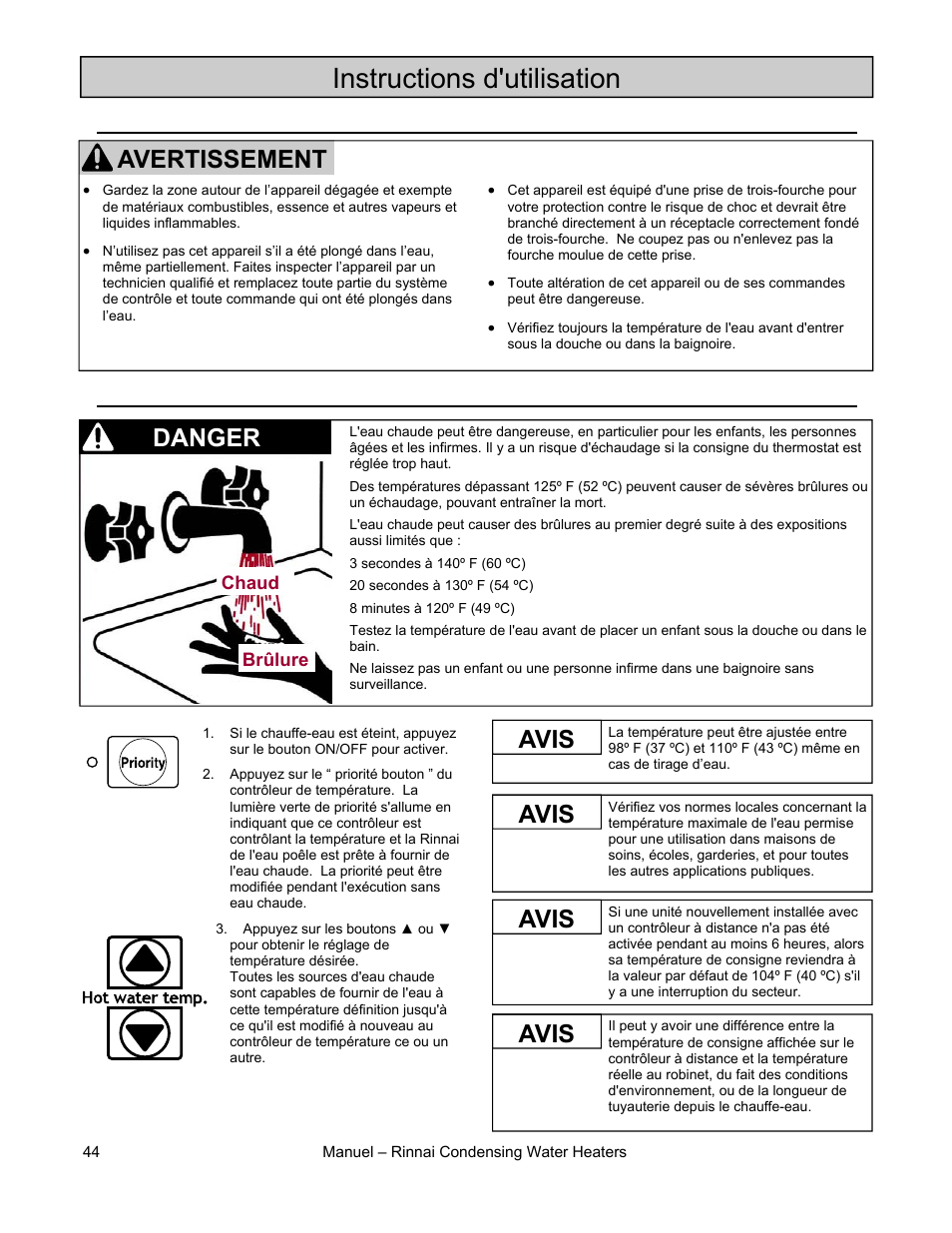 Instructions d'utilisation, Avertissement, Avis danger | Avis | Rinnai RC98I User Manual | Page 44 / 64