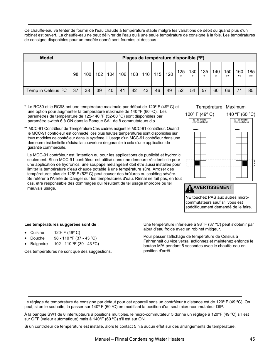 Plages de température, Avec un contrôleur de température, Options de température sans contrôleur à distance | Rinnai RC98I User Manual | Page 45 / 64