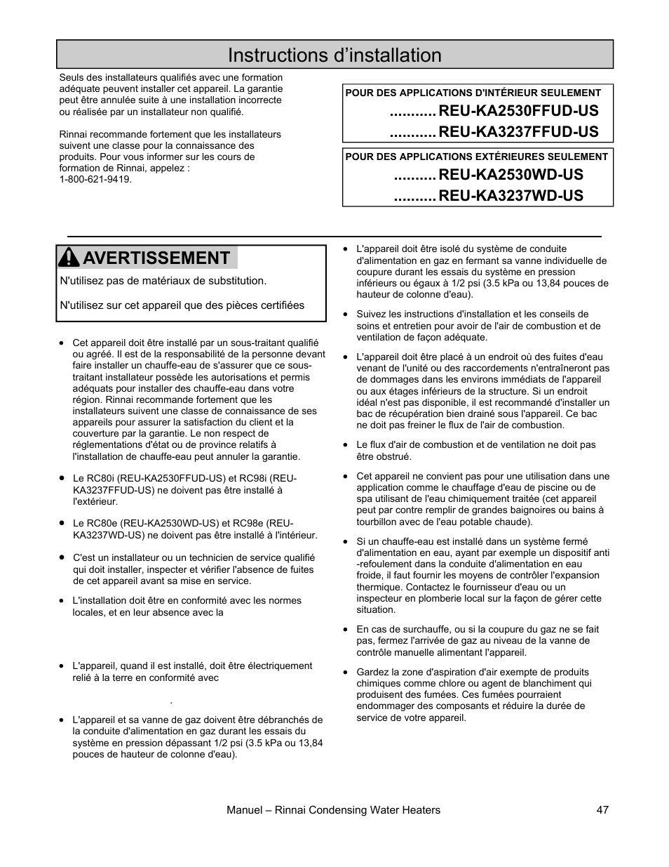 Instructions d’installation, Avertissement | Rinnai RC98I User Manual | Page 47 / 64