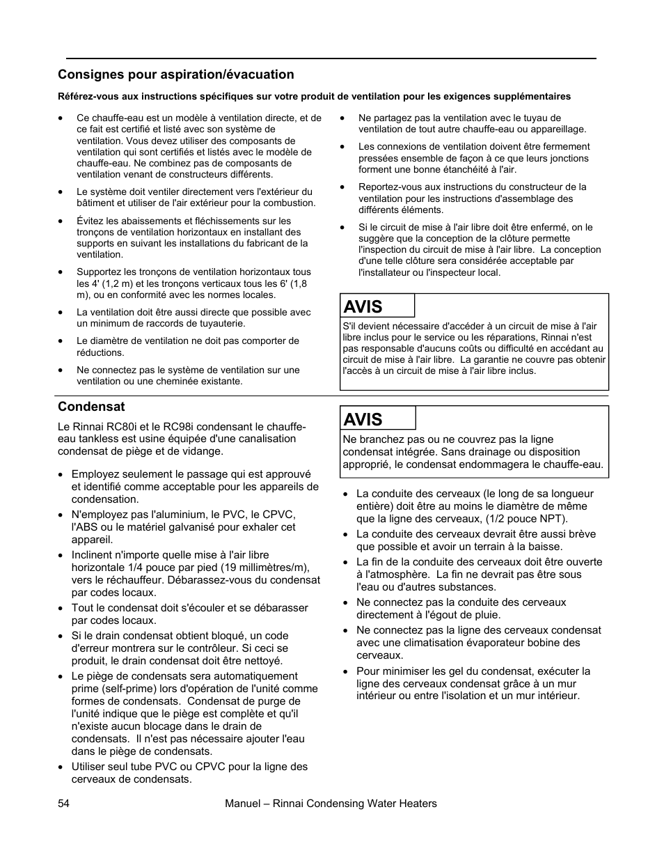 Avis, Instructions de ventilation | Rinnai RC98I User Manual | Page 54 / 64