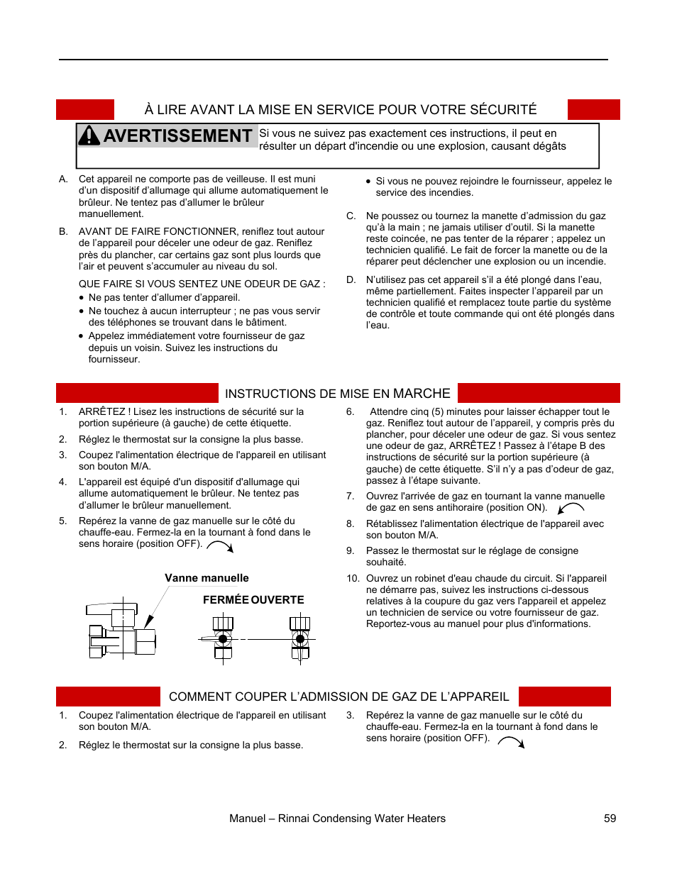 Avertissement, Instructions d'utilisation | Rinnai RC98I User Manual | Page 59 / 64