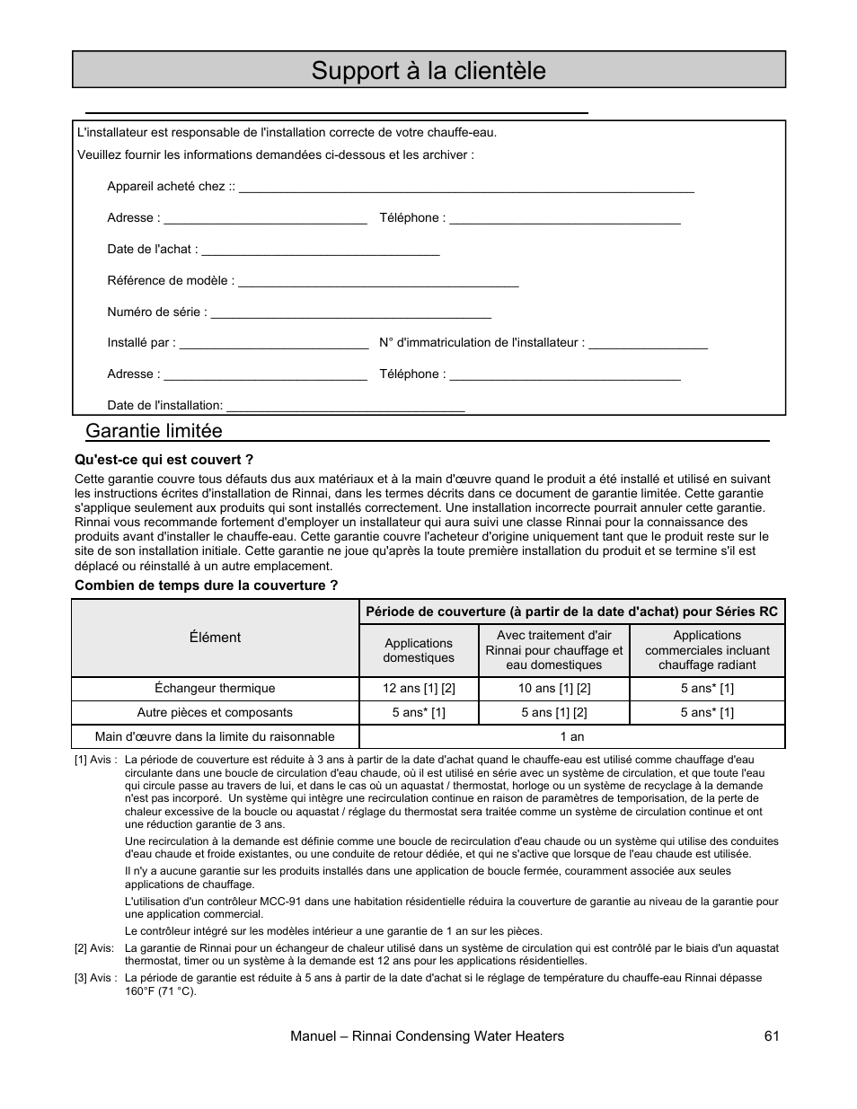 Support à la clientèle, Garantie limitée, Informations sur la garantie | Rinnai RC98I User Manual | Page 61 / 64