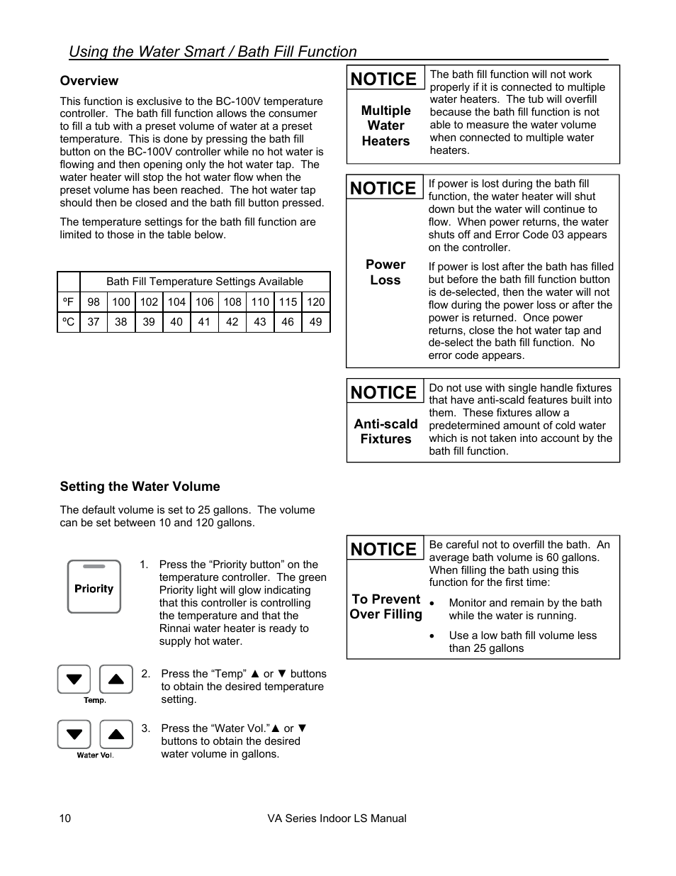 Notice, Using the water smart / bath fill function | Rinnai R50LSI User Manual | Page 10 / 44