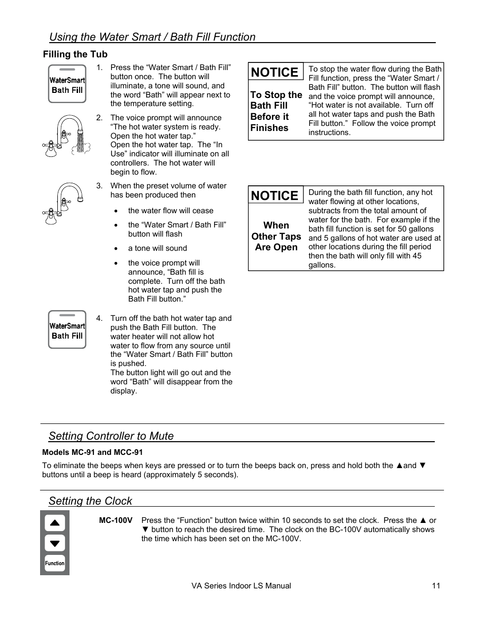 Notice, Setting controller to mute, Using the water smart / bath fill function | Setting the clock | Rinnai R50LSI User Manual | Page 11 / 44