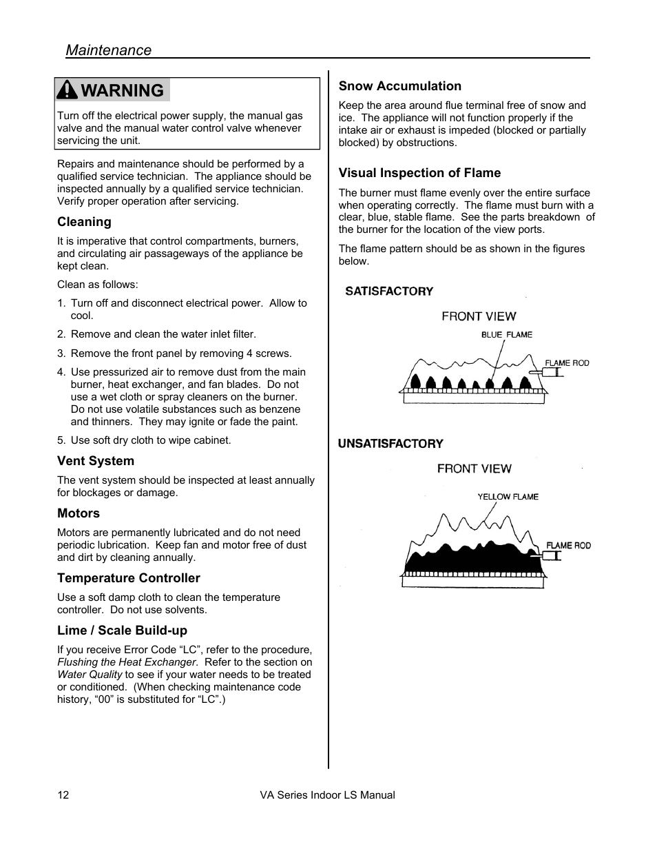 Warning, Maintenance | Rinnai R50LSI User Manual | Page 12 / 44