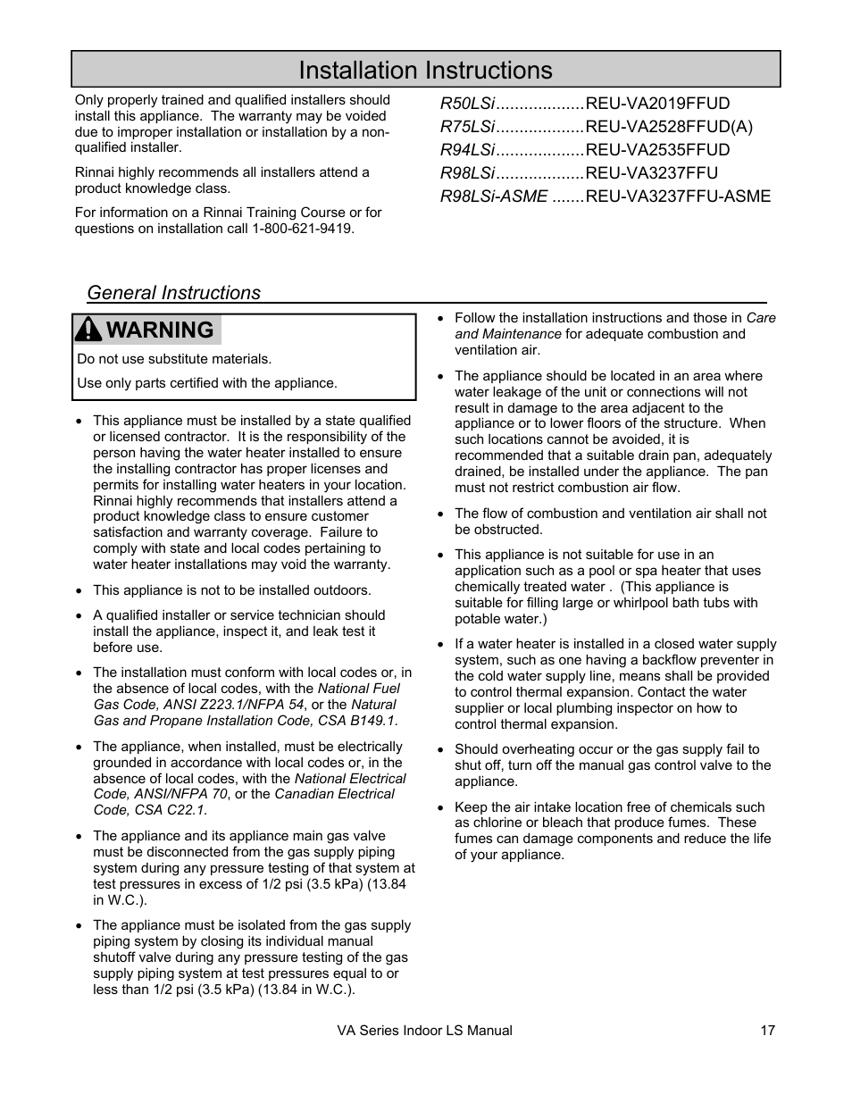 Installation instructions, Warning, General instructions | Rinnai R50LSI User Manual | Page 17 / 44