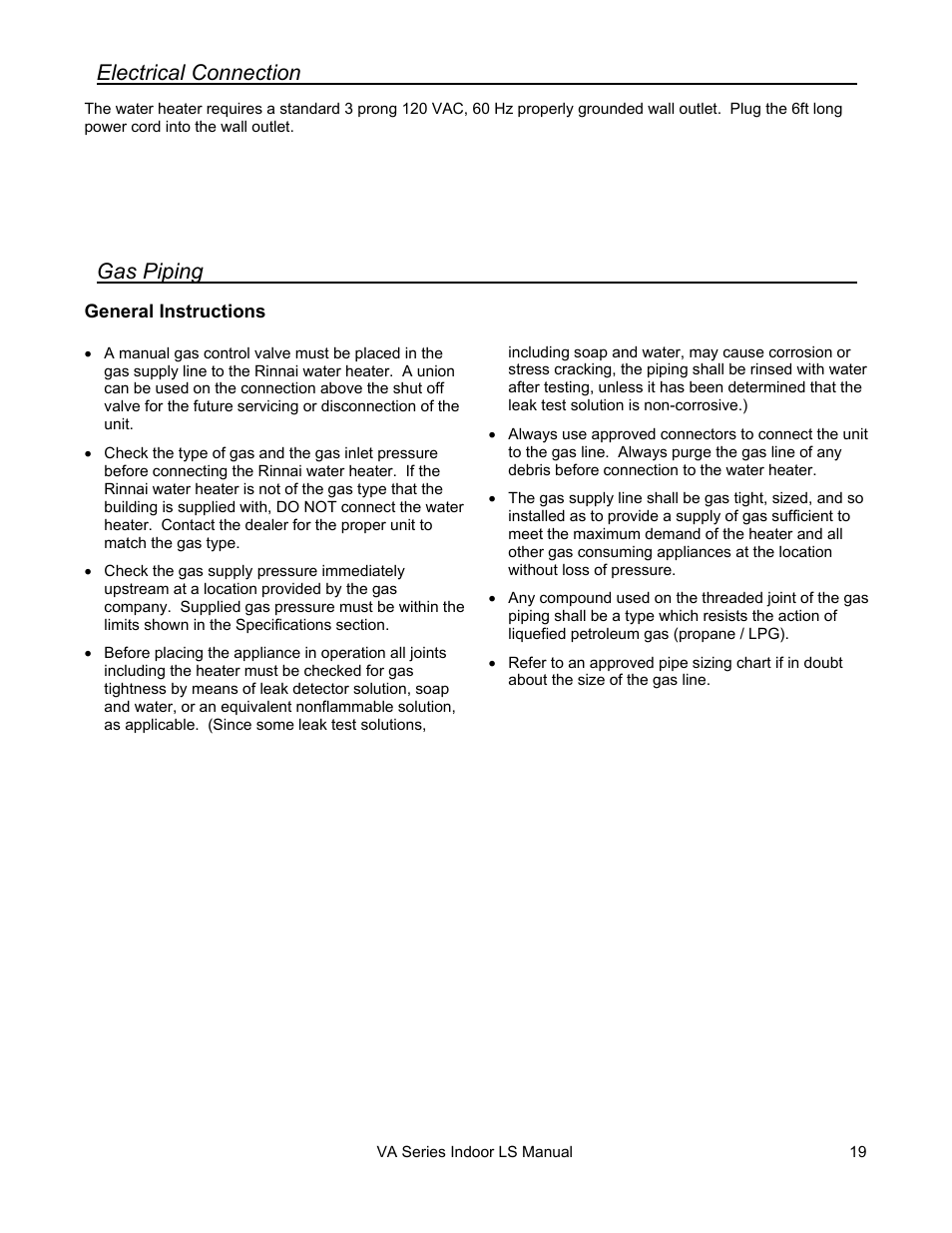 Gas piping, Electrical connection | Rinnai R50LSI User Manual | Page 19 / 44