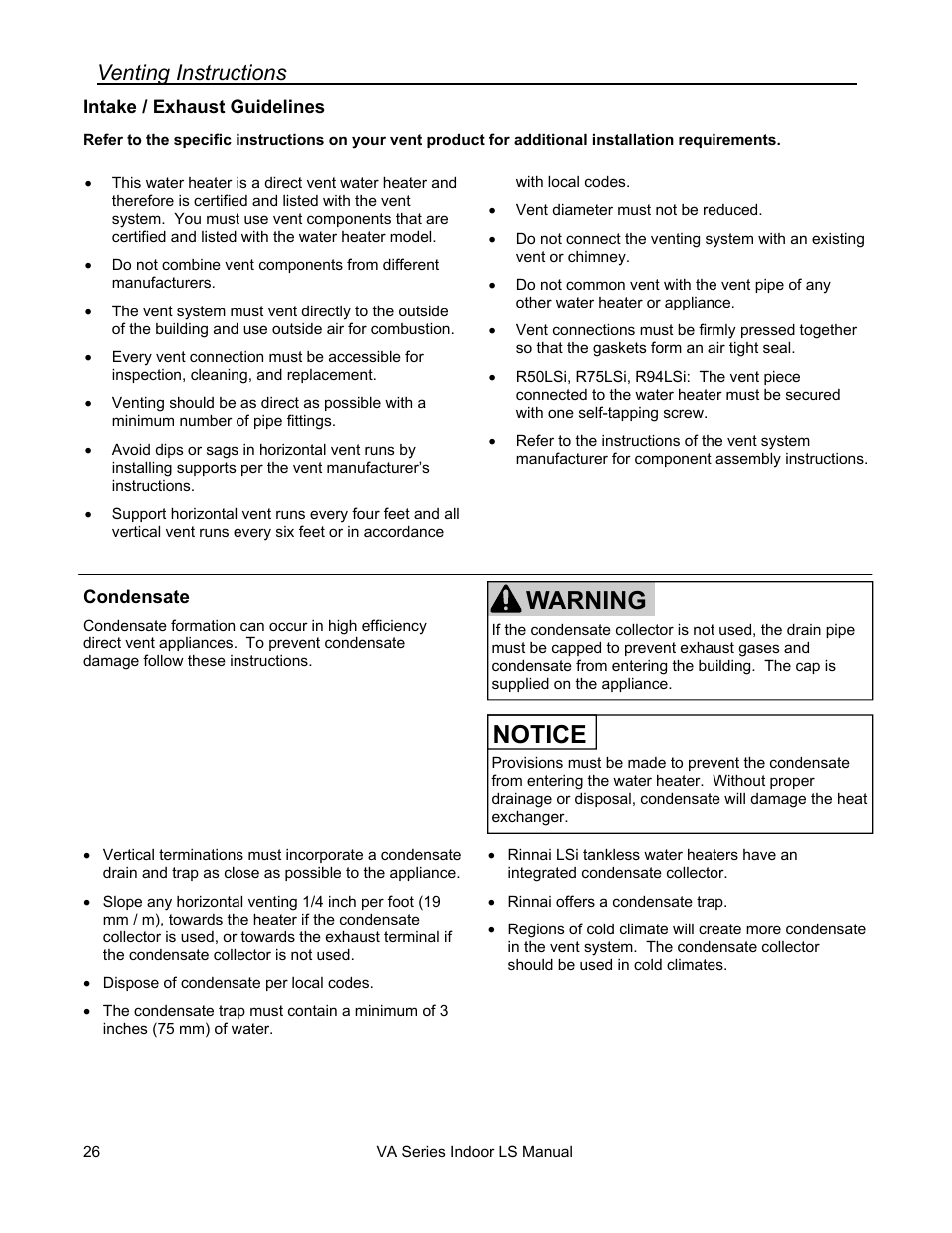 Notice, Warning, Venting instructions | Rinnai R50LSI User Manual | Page 26 / 44