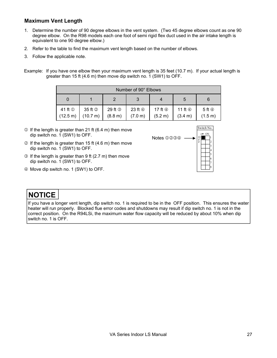 Notice, Maximum vent length | Rinnai R50LSI User Manual | Page 27 / 44