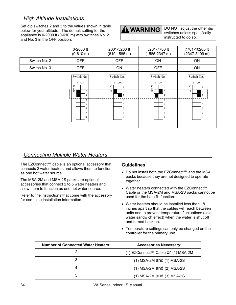 Warning, High altitude installations, Connecting multiple water heaters | Guidelines | Rinnai R50LSI User Manual | Page 34 / 44