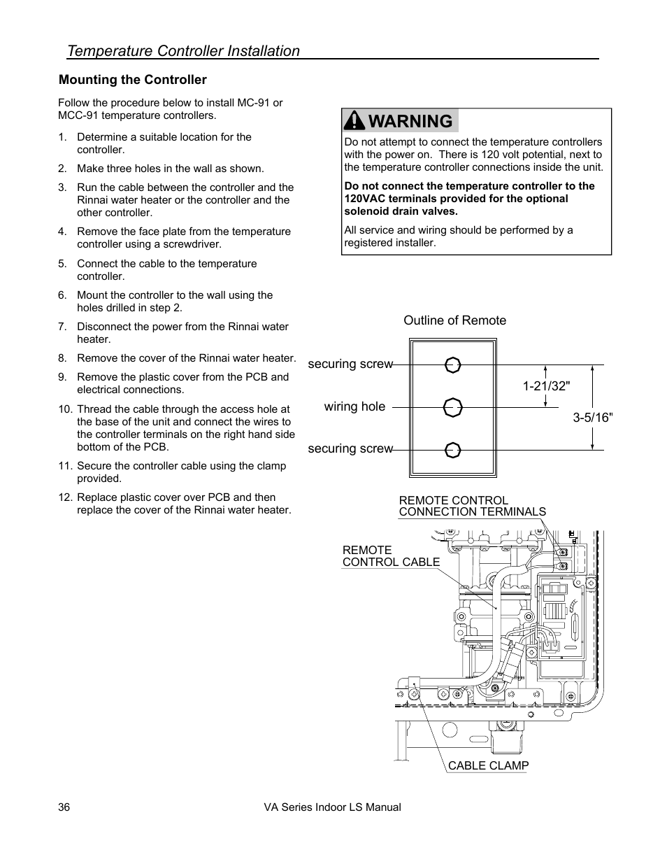 Warning, Temperature controller installation | Rinnai R50LSI User Manual | Page 36 / 44