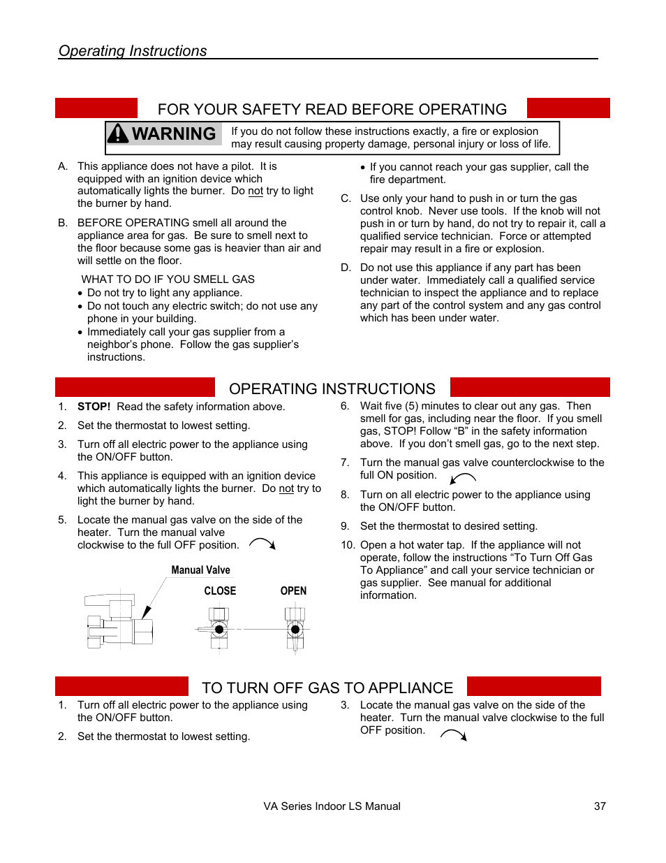 Warning, Operating instructions, For your safety read before operating | Rinnai R50LSI User Manual | Page 37 / 44