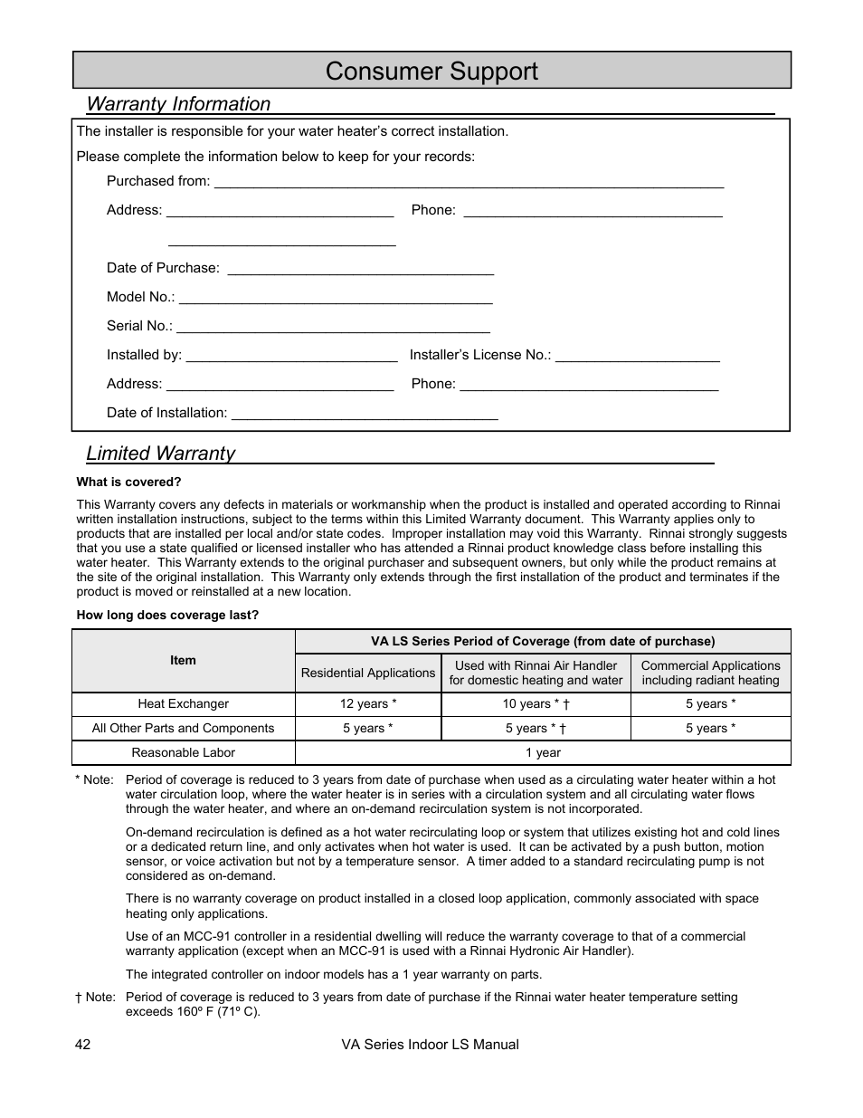 Consumer support, Limited warranty, Warranty information | Rinnai R50LSI User Manual | Page 42 / 44