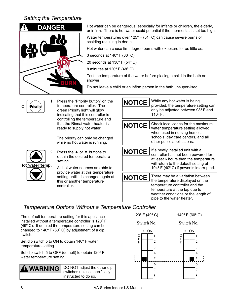 Notice danger, Notice, Notice warning | Setting the temperature | Rinnai R50LSI User Manual | Page 8 / 44