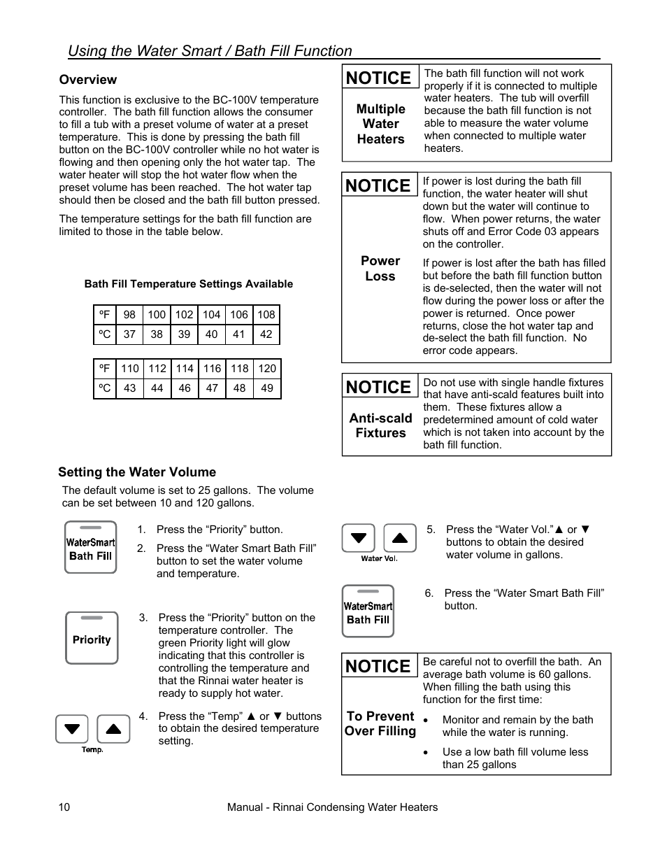 Notice, Using the water smart / bath fill function | Rinnai RC80HPI User Manual | Page 10 / 60