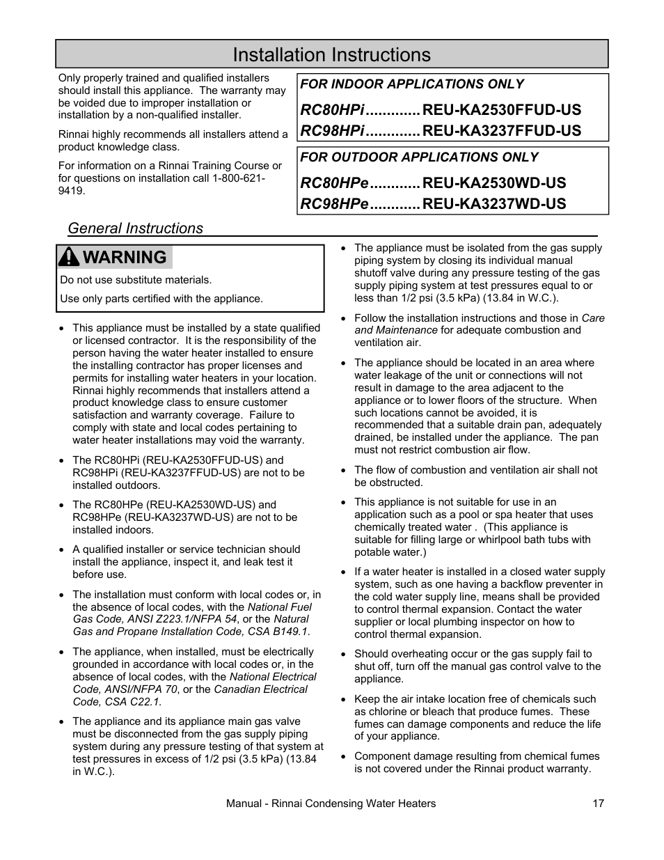 Installation instructions, Warning, General instructions | Rinnai RC80HPI User Manual | Page 17 / 60