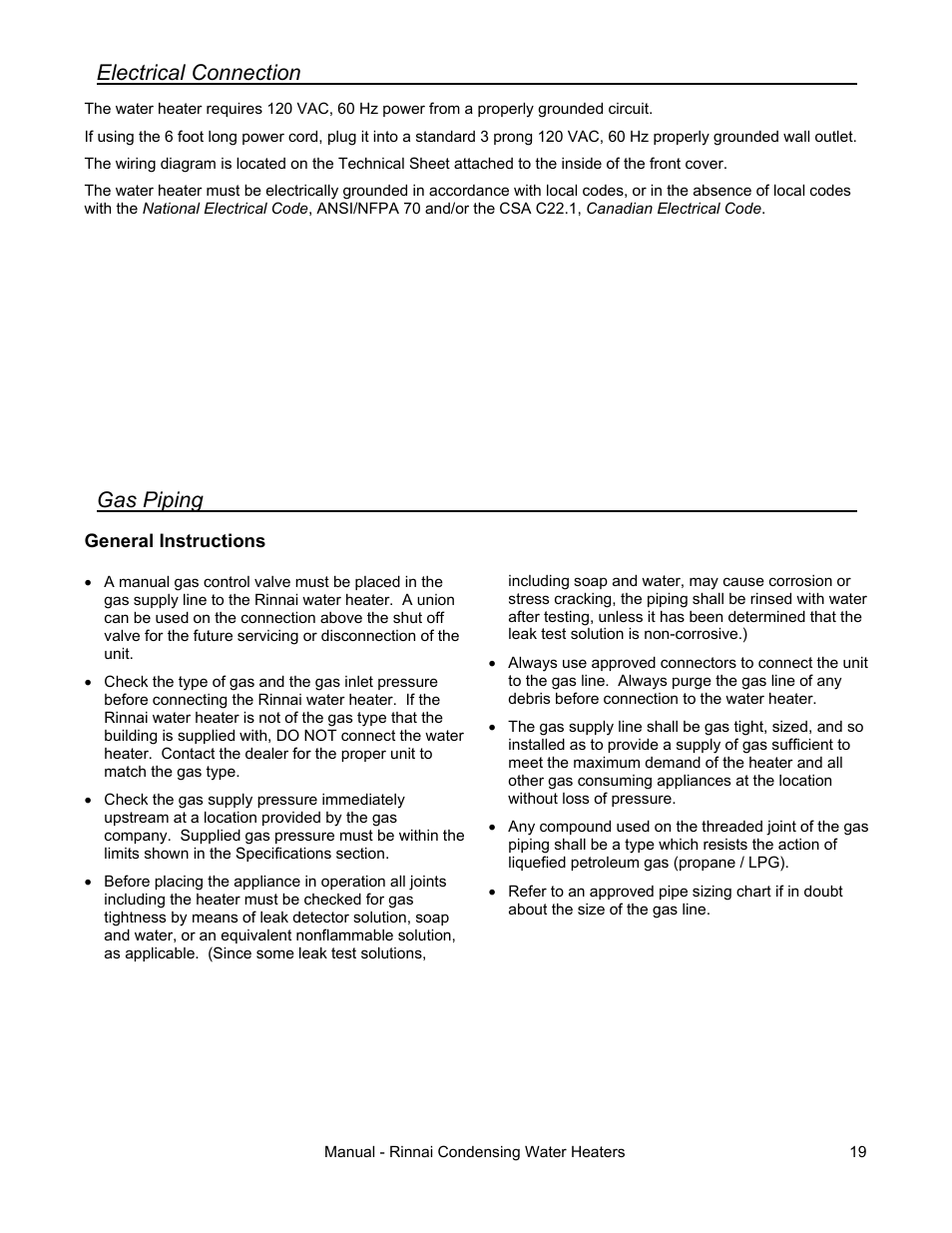 Gas piping, Electrical connection | Rinnai RC80HPI User Manual | Page 19 / 60