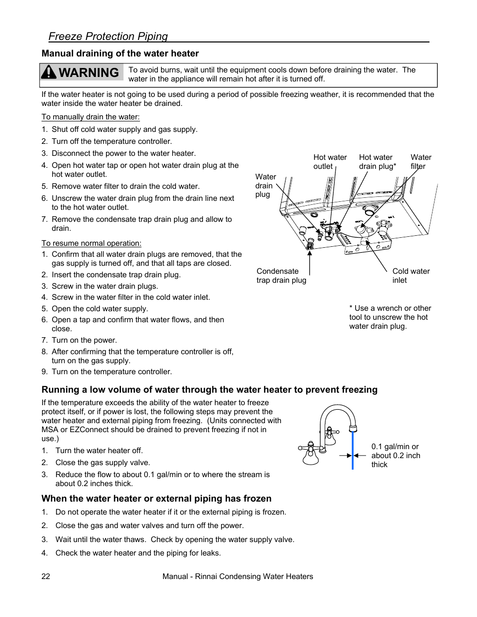 Warning, Freeze protection piping | Rinnai RC80HPI User Manual | Page 22 / 60