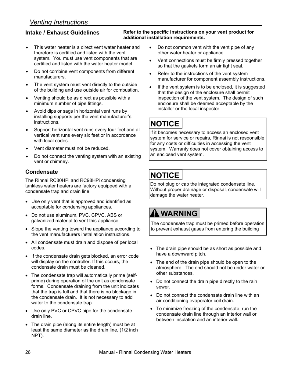 Notice, Warning, Venting instructions | Rinnai RC80HPI User Manual | Page 26 / 60