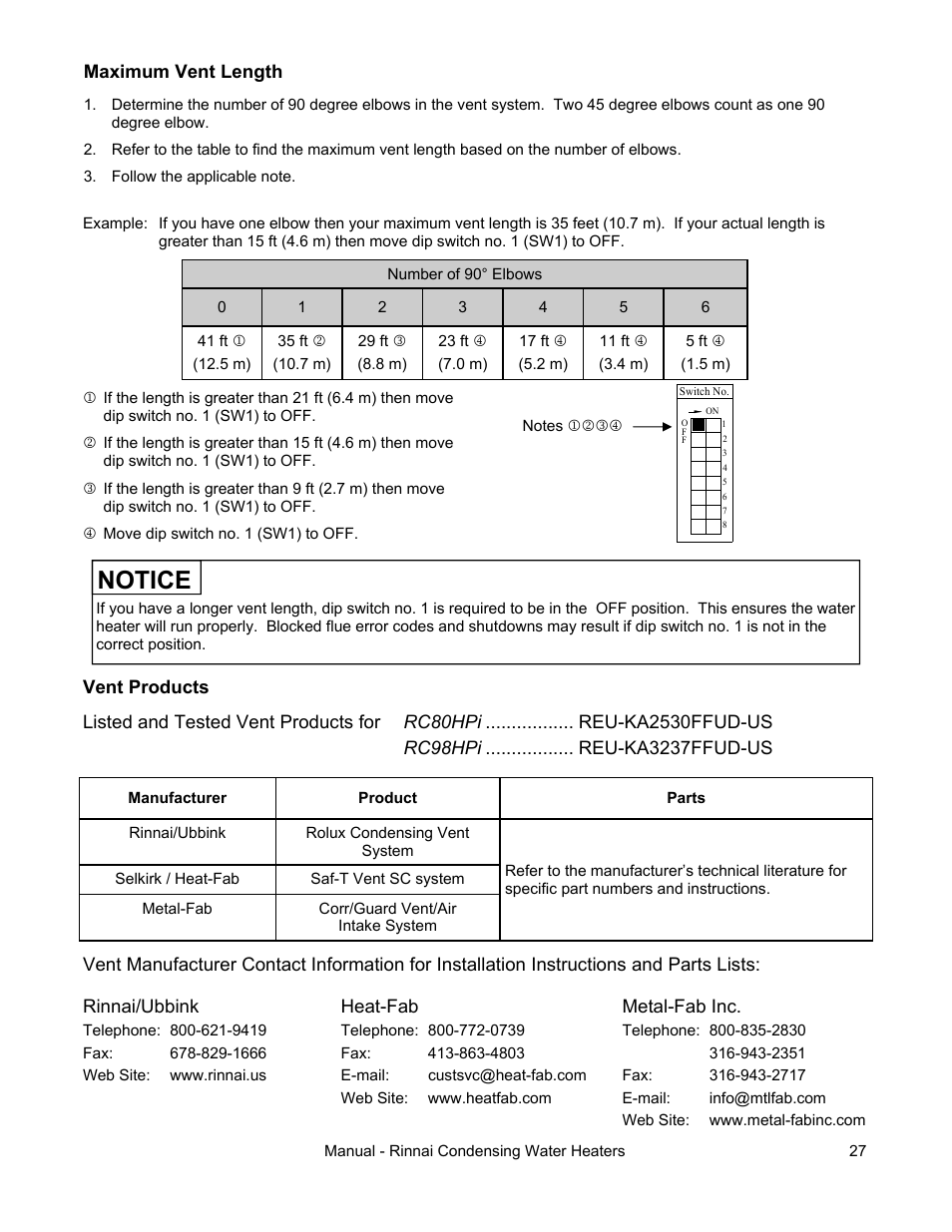 Notice, Maximum vent length, Rinnai/ubbink | Metal-fab inc | Rinnai RC80HPI User Manual | Page 27 / 60