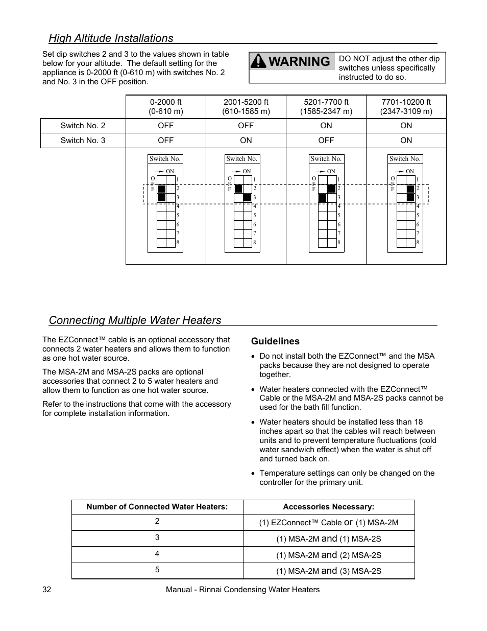 Warning, High altitude installations, Connecting multiple water heaters | Guidelines | Rinnai RC80HPI User Manual | Page 32 / 60